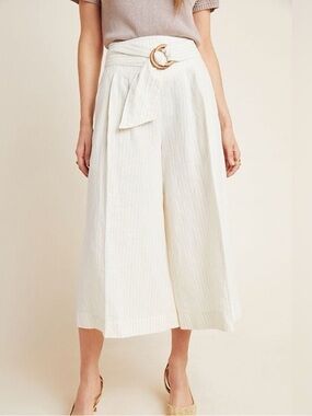 Anthropologie Palm Beach Belted Pinstripe Wide Leg Coulotte Pants Cream